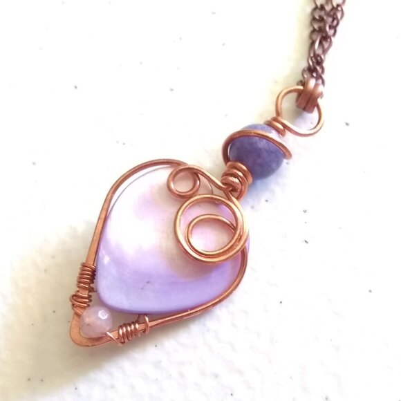 Feminine Essence | Copper-Wrapped Lilac Shell Heart Necklace | - Picture 1 of 15